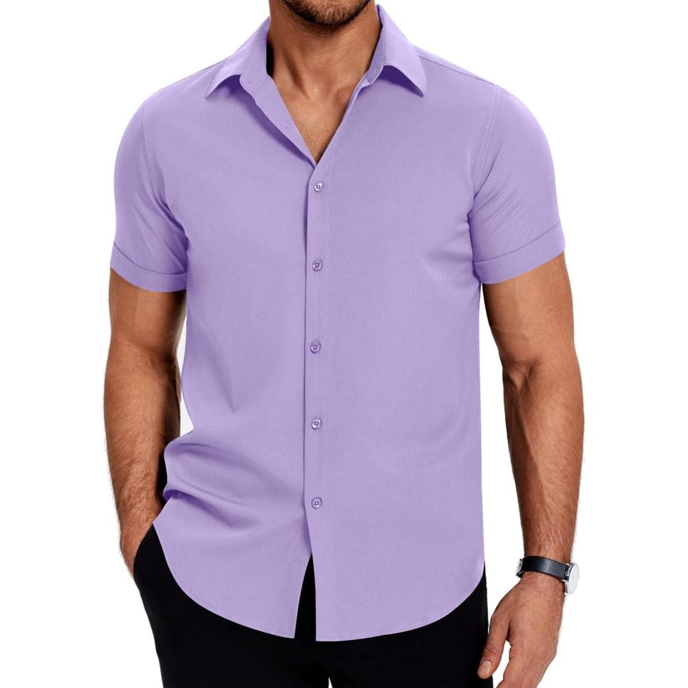 imageCOOFANDY Mens Dress Shirts Short Sleeve Regular Fit Lightweight Untucked Button Down ShirtLight Purple