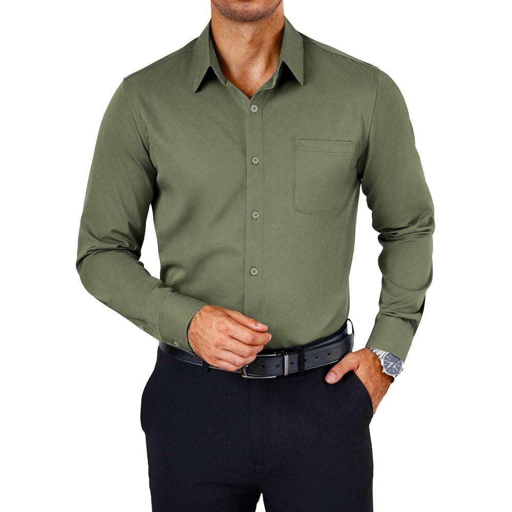 imageCOOFANDY Mens Dress Shirts Wrinkle Free Long Sleeve Button Down Shirts Formal Business ShirtArmy Green