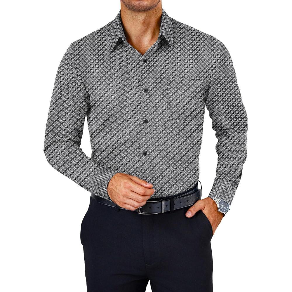 imageCOOFANDY Mens Dress Shirts Wrinkle Free Long Sleeve Button Down Shirts Formal Business ShirtBlack Grey Patterned