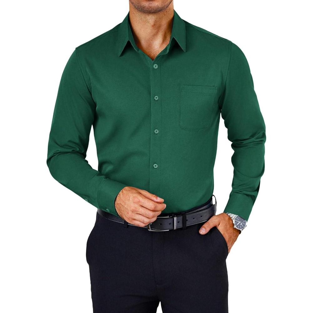 imageCOOFANDY Mens Dress Shirts Wrinkle Free Long Sleeve Button Down Shirts Formal Business ShirtDark Green