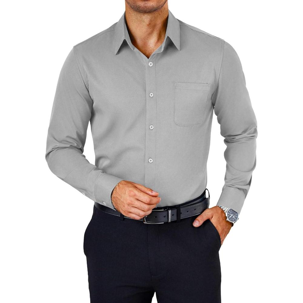 imageCOOFANDY Mens Dress Shirts Wrinkle Free Long Sleeve Button Down Shirts Formal Business ShirtLight Grey