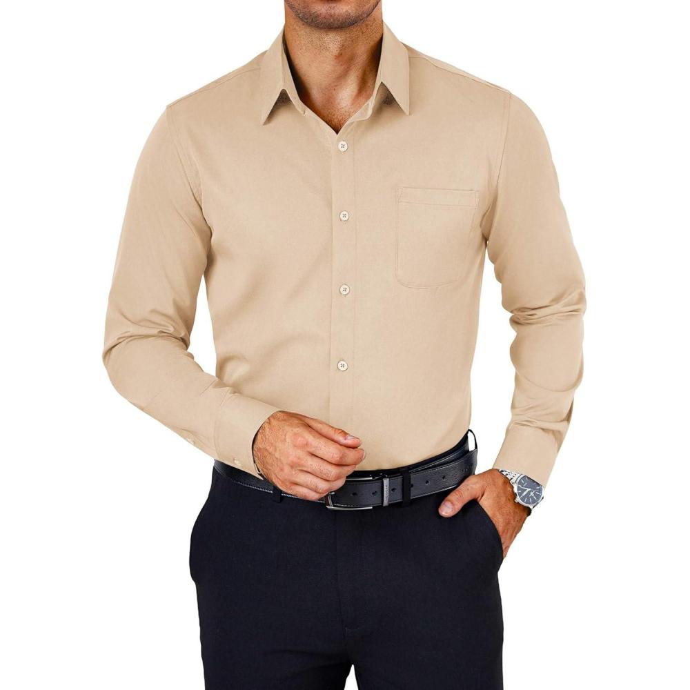 imageCOOFANDY Mens Dress Shirts Wrinkle Free Long Sleeve Button Down Shirts Formal Business ShirtLight Khaki
