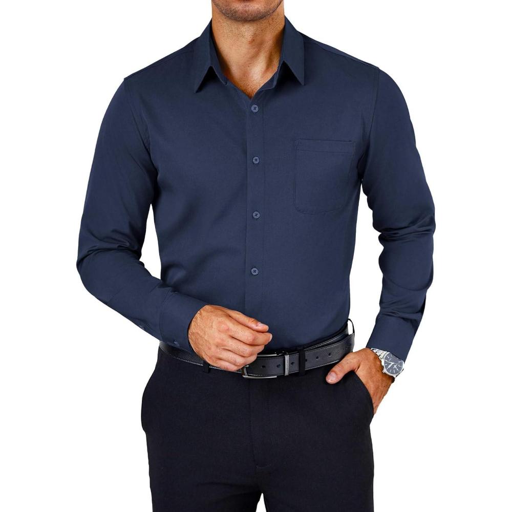 imageCOOFANDY Mens Dress Shirts Wrinkle Free Long Sleeve Button Down Shirts Formal Business ShirtNavy Blue