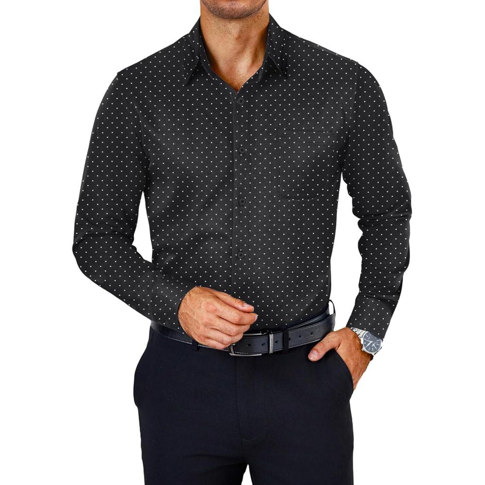imageCOOFANDY Mens Dress Shirts Wrinkle Free Long Sleeve Button Down Shirts Formal Business ShirtPolka Dot Black
