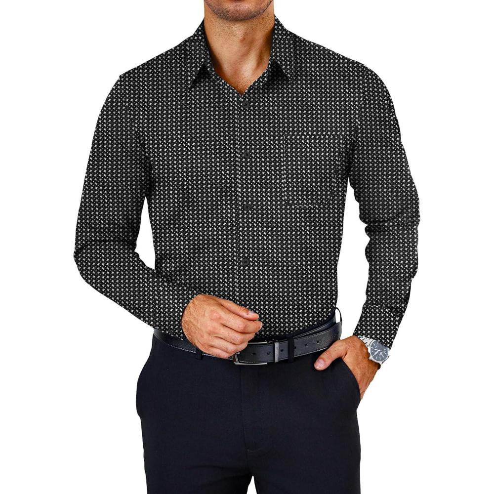 imageCOOFANDY Mens Dress Shirts Wrinkle Free Long Sleeve Button Down Shirts Formal Business ShirtWhite Patterned Black