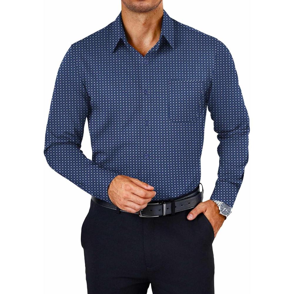 imageCOOFANDY Mens Dress Shirts Wrinkle Free Long Sleeve Button Down Shirts Formal Business ShirtWhite Patterned Blue