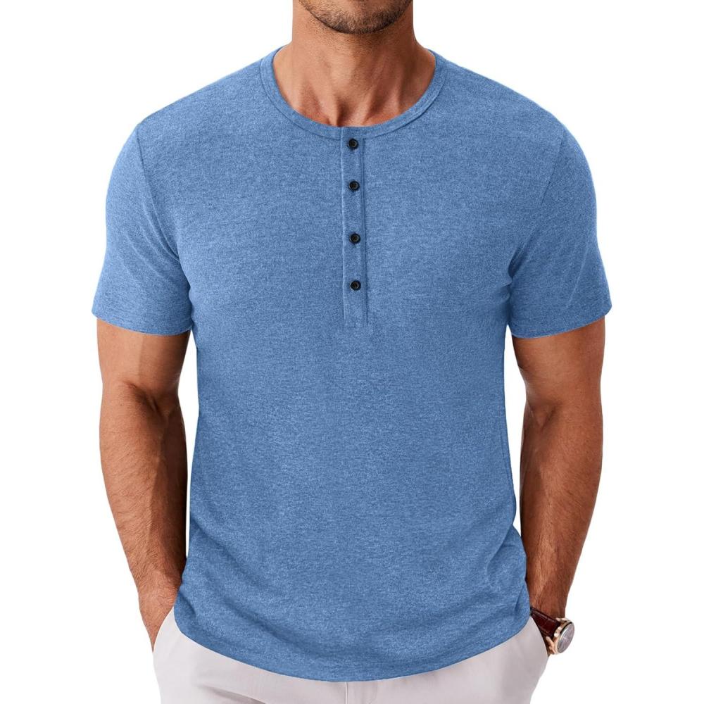 imageCOOFANDY Mens Fashion Henley Shirts Short Sleeve Lightweight TShirt Soild Button Tee Top Blue