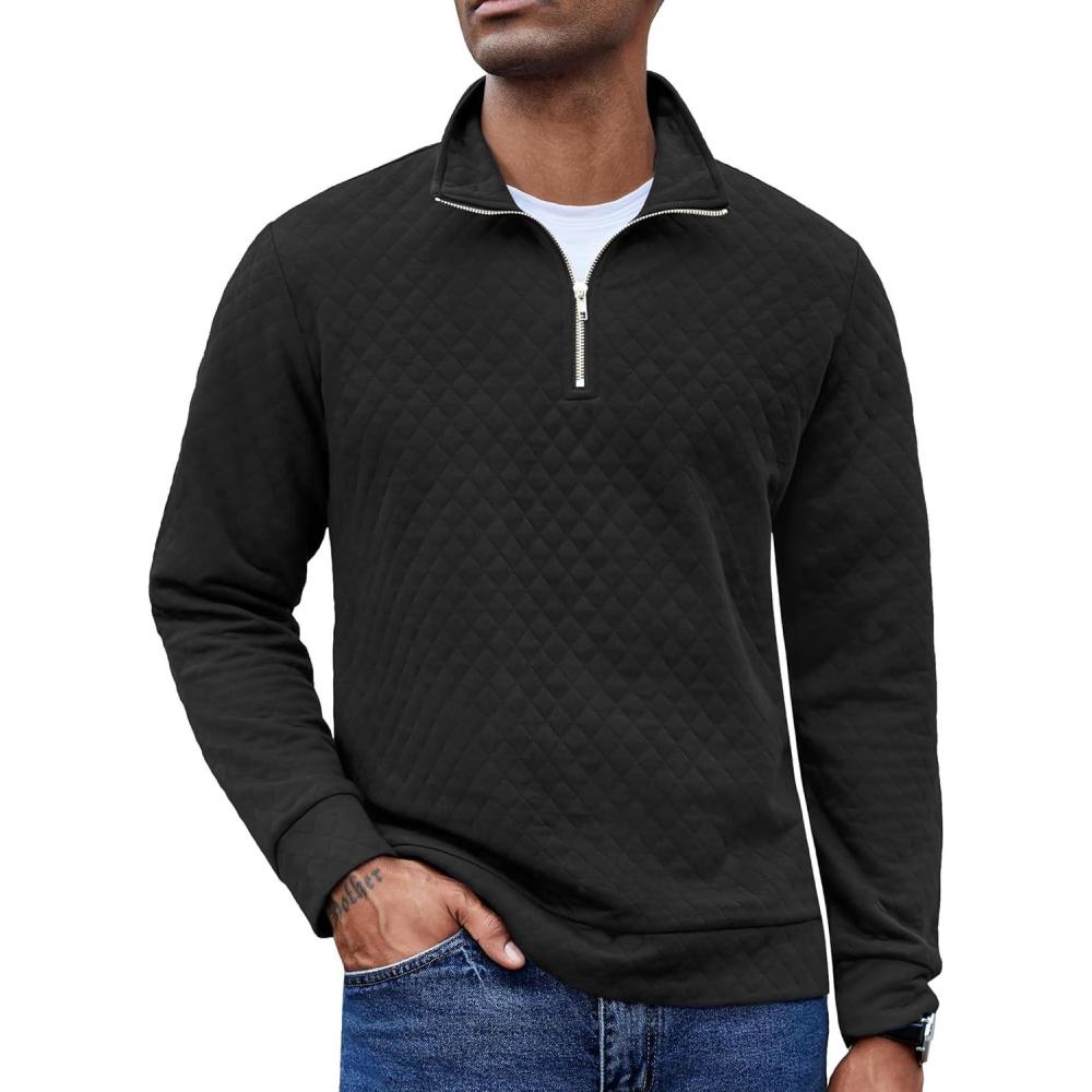 imageCOOFANDY Mens Fashion Quarter Zip Pullover Long Sleeve Quilted Sweatshirt Plaid Jacquard Polo Mock Neck SweatersBlack