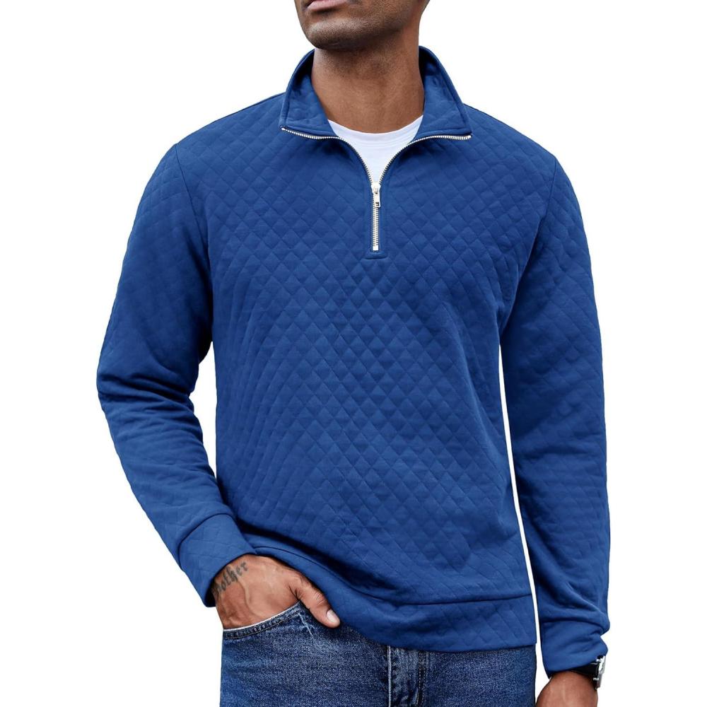 imageCOOFANDY Mens Fashion Quarter Zip Pullover Long Sleeve Quilted Sweatshirt Plaid Jacquard Polo Mock Neck SweatersDark Blue