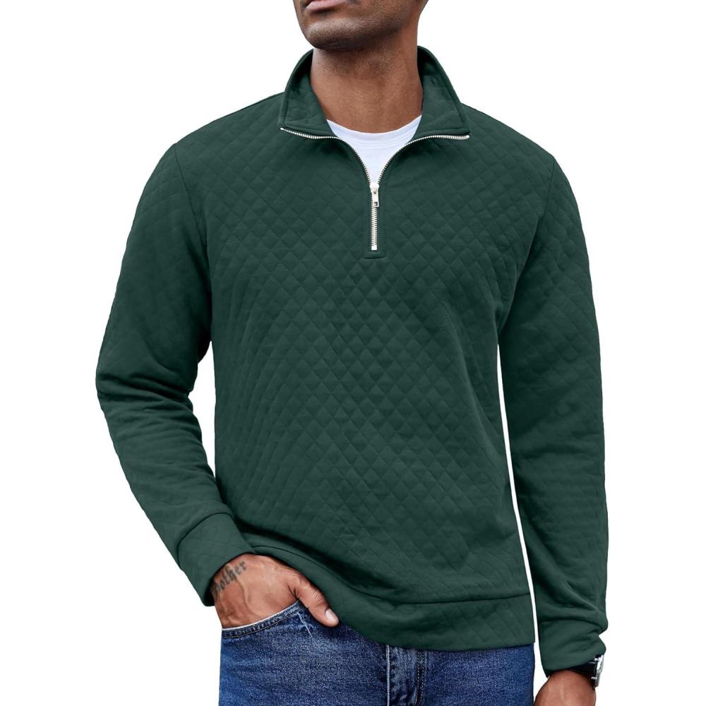 imageCOOFANDY Mens Fashion Quarter Zip Pullover Long Sleeve Quilted Sweatshirt Plaid Jacquard Polo Mock Neck SweatersDark Green