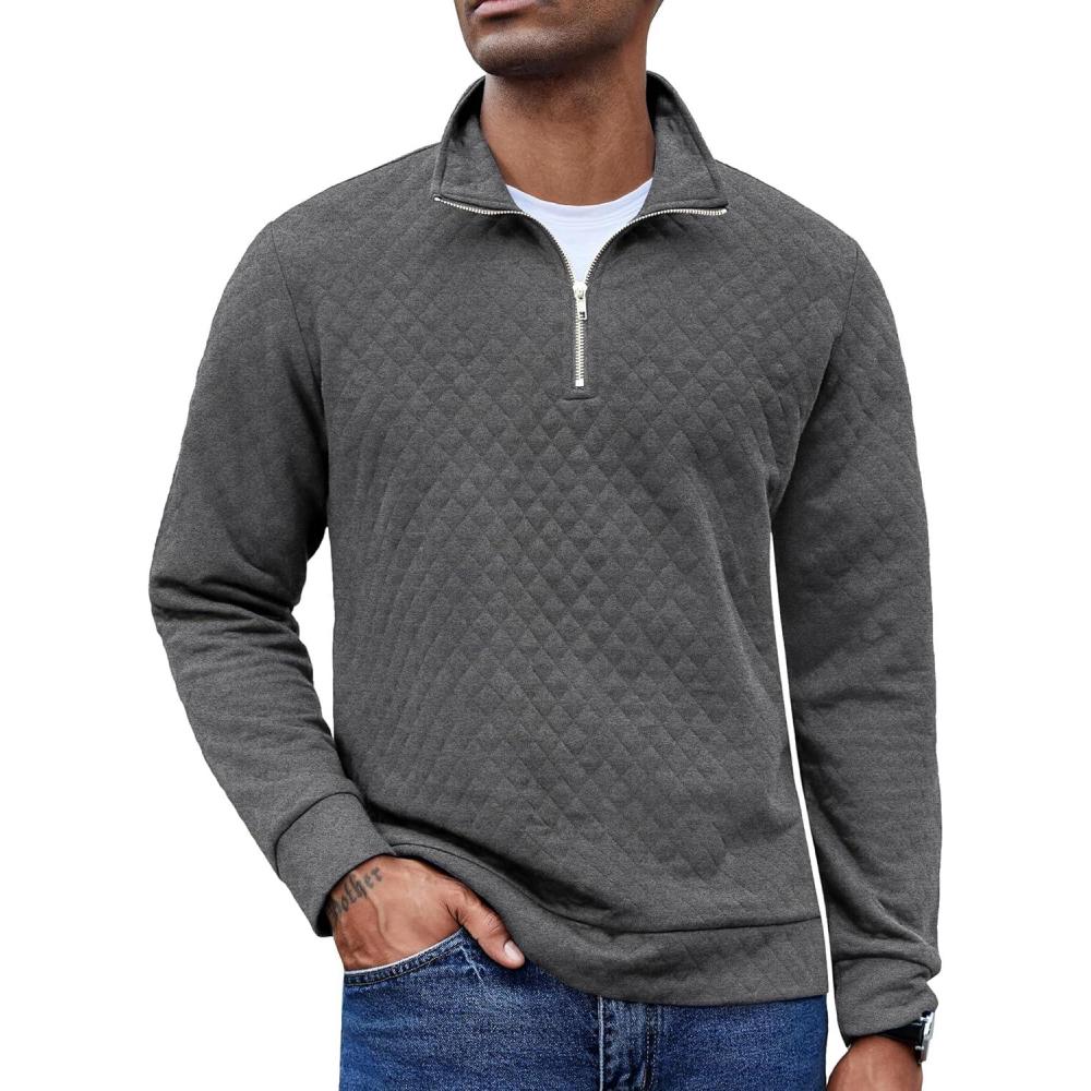 imageCOOFANDY Mens Fashion Quarter Zip Pullover Long Sleeve Quilted Sweatshirt Plaid Jacquard Polo Mock Neck SweatersDark Grey