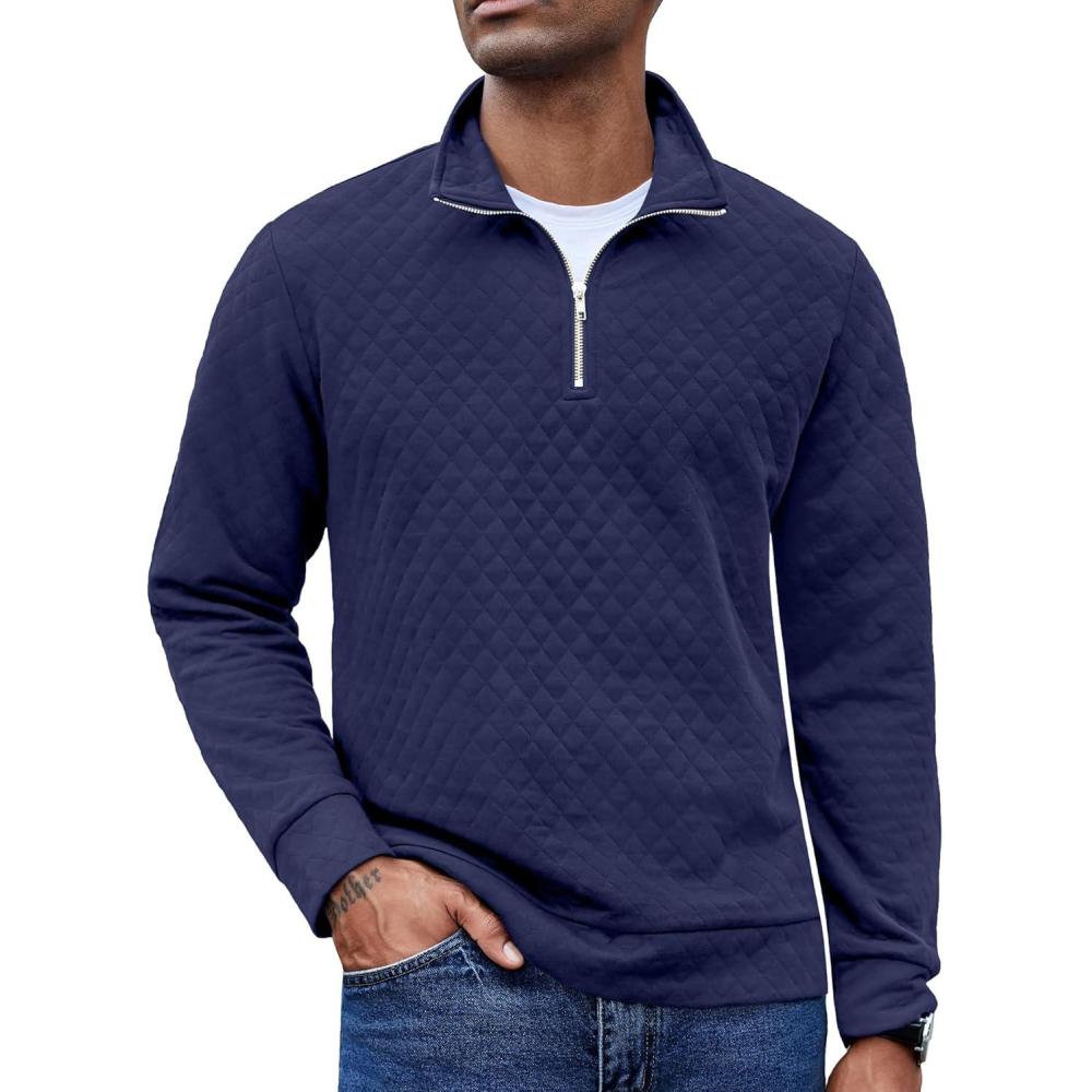 imageCOOFANDY Mens Fashion Quarter Zip Pullover Long Sleeve Quilted Sweatshirt Plaid Jacquard Polo Mock Neck SweatersNavy Blue