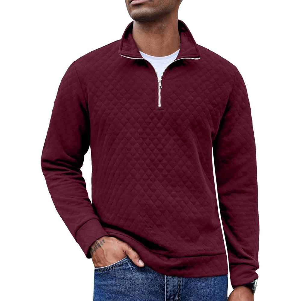 imageCOOFANDY Mens Fashion Quarter Zip Pullover Long Sleeve Quilted Sweatshirt Plaid Jacquard Polo Mock Neck SweatersWine Red