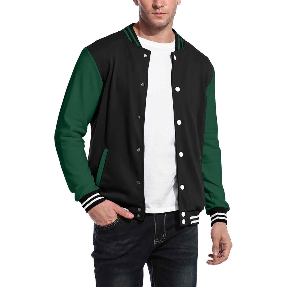 imageCOOFANDY Mens Fashion Varsity Jacket Causal Slim Fit Cotton Letterman Baseball Bomber JacketsBlack Green