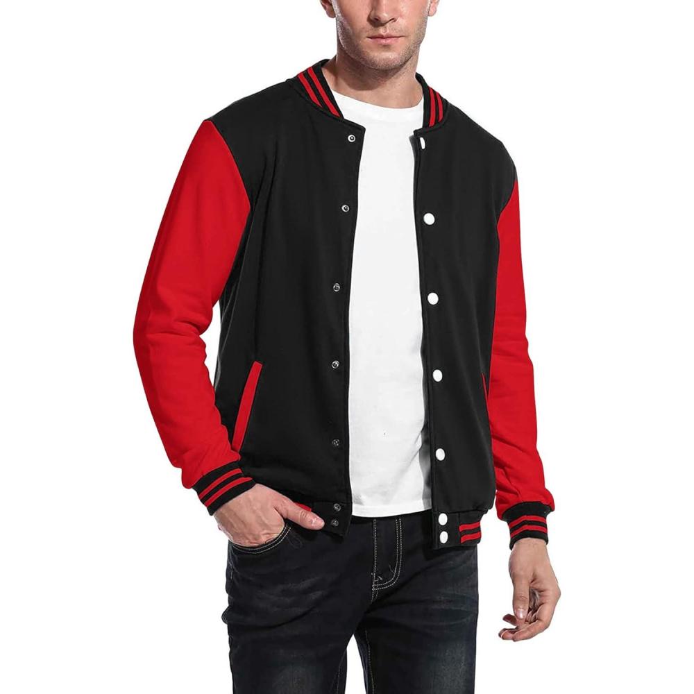 imageCOOFANDY Mens Fashion Varsity Jacket Causal Slim Fit Cotton Letterman Baseball Bomber JacketsBlackRed