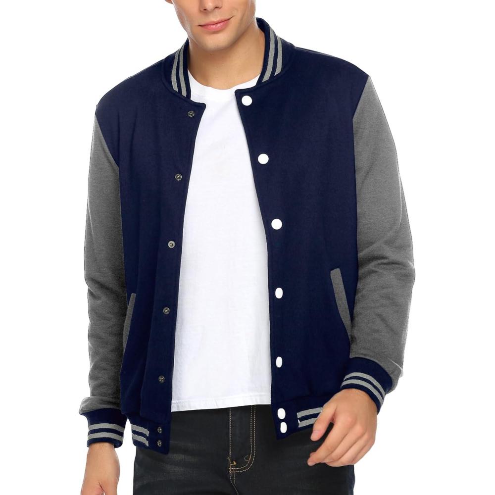 imageCOOFANDY Mens Fashion Varsity Jacket Causal Slim Fit Cotton Letterman Baseball Bomber JacketsNavyGrey