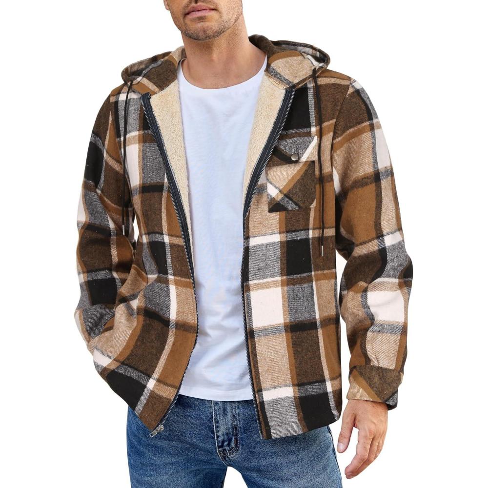 imageCOOFANDY Mens Flannel Fleece Jacket Sherpa Lined Shirt Jacket Plaid Zip Up Hoodie Soft Warm Coat with HoodAbrown Block