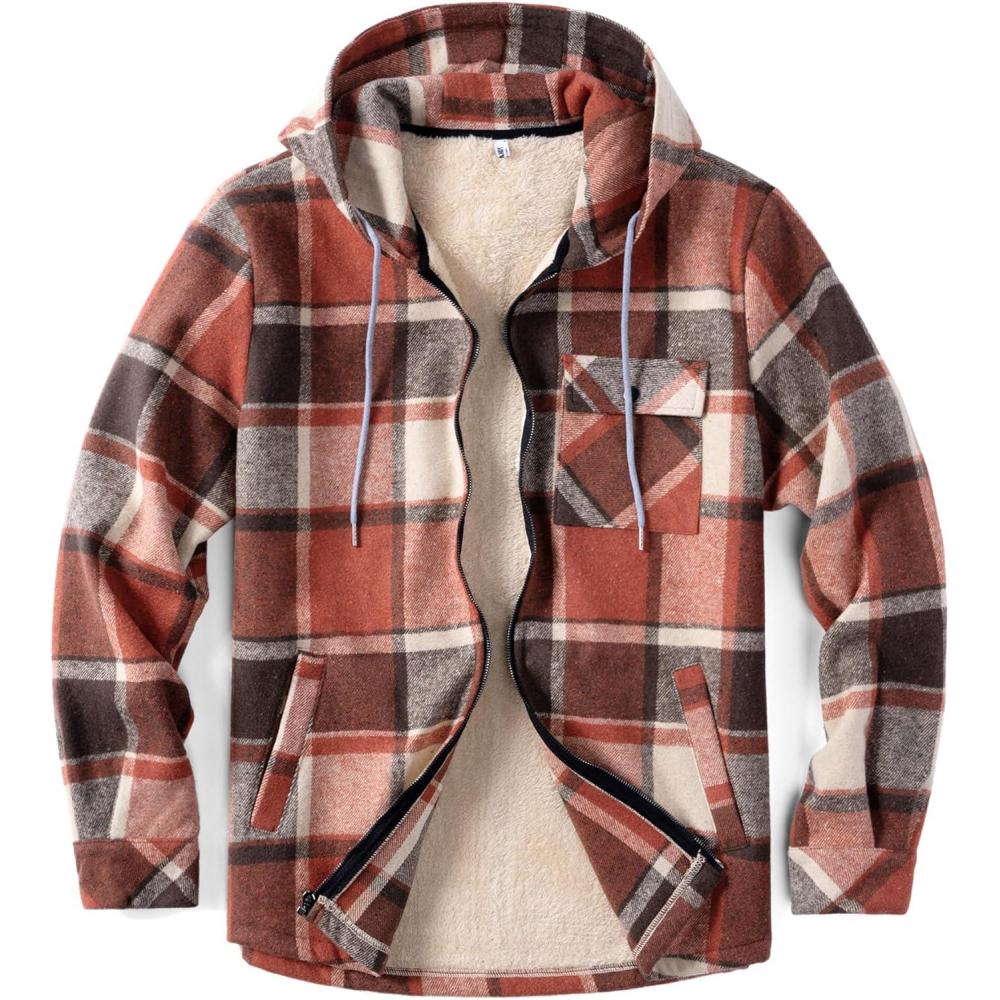 imageCOOFANDY Mens Flannel Fleece Jacket Sherpa Lined Shirt Jacket Plaid Zip Up Hoodie Soft Warm Coat with HoodAorange Block