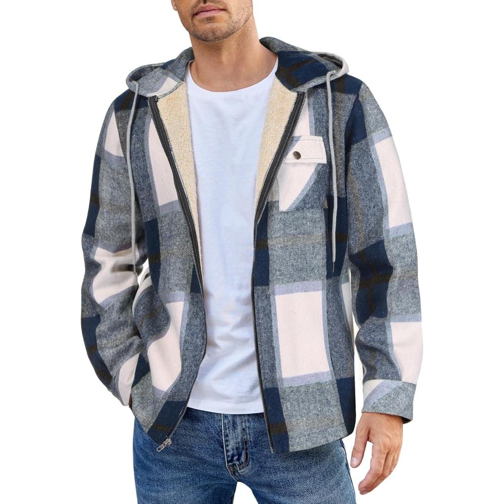 imageCOOFANDY Mens Flannel Fleece Jacket Sherpa Lined Shirt Jacket Plaid Zip Up Hoodie Soft Warm Coat with HoodCblue Block