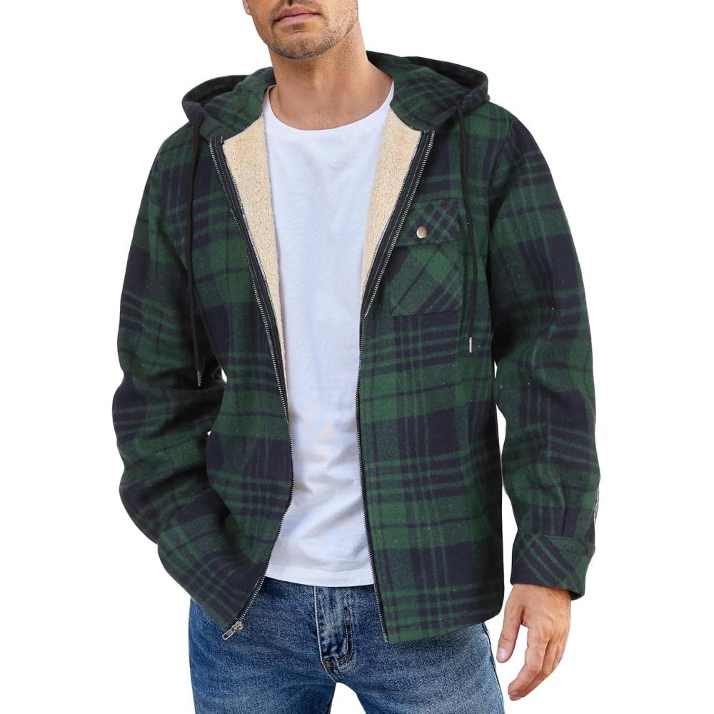 imageCOOFANDY Mens Flannel Fleece Jacket Sherpa Lined Shirt Jacket Plaid Zip Up Hoodie Soft Warm Coat with HoodDgreen Line