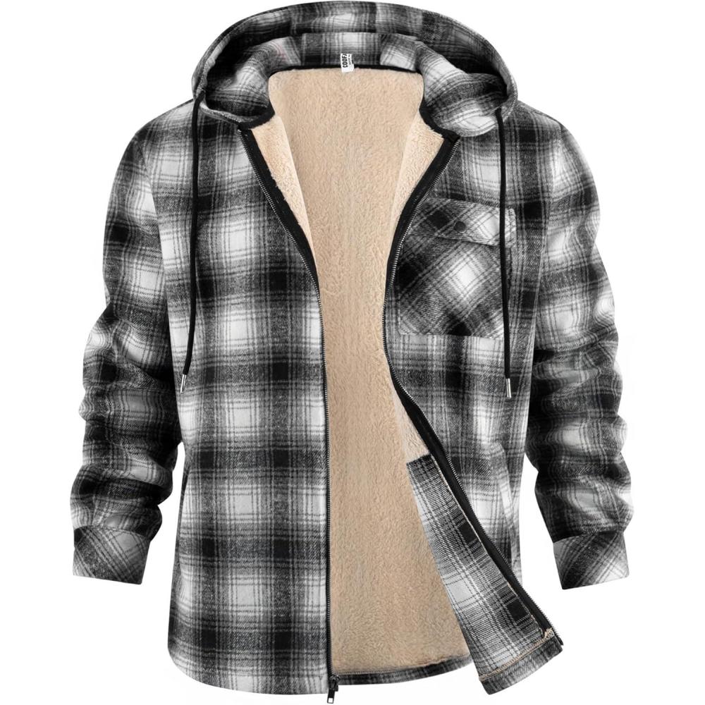 imageCOOFANDY Mens Flannel Fleece Jacket Sherpa Lined Shirt Jacket Plaid Zip Up Hoodie Soft Warm Coat with HoodGblack White Line