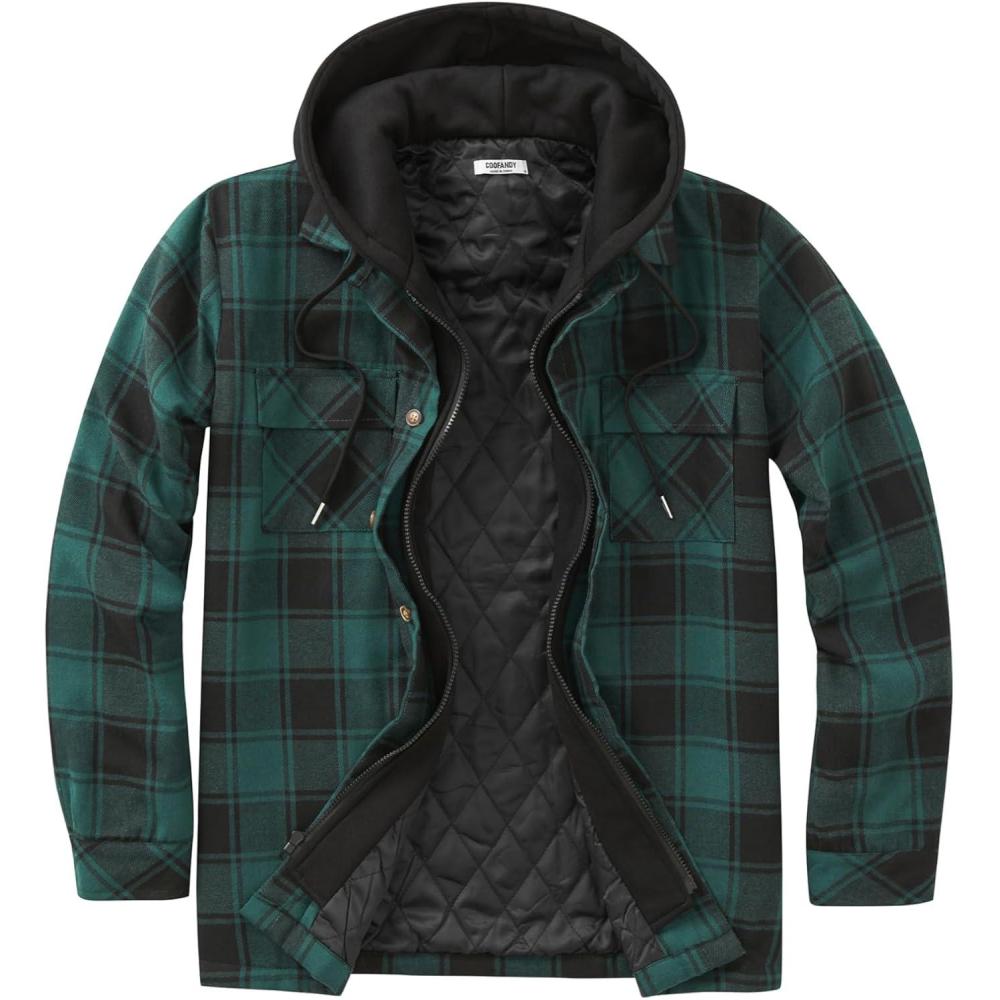 imageCOOFANDY Mens Flannel Shirt Jacket Warm Quilted Lined Hooded Long Sleeve Plaid Shirt JacketsBlack  Green Plaid