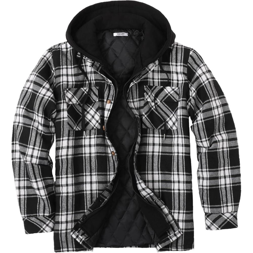 imageCOOFANDY Mens Flannel Shirt Jacket Warm Quilted Lined Hooded Long Sleeve Plaid Shirt JacketsBlack  Grey Plaid