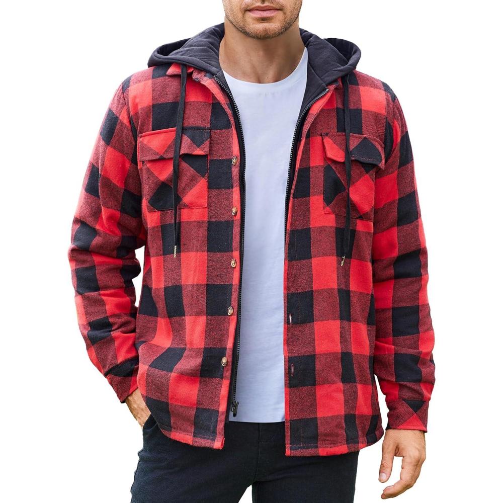 imageCOOFANDY Mens Flannel Shirt Jacket Warm Quilted Lined Hooded Long Sleeve Plaid Shirt JacketsBlack  Red Plaid