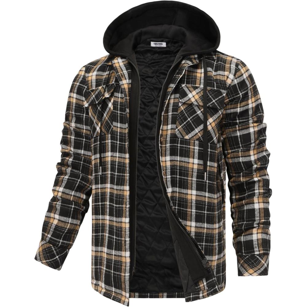 imageCOOFANDY Mens Flannel Shirt Jacket Warm Quilted Lined Hooded Long Sleeve Plaid Shirt JacketsBlack Khaki Plaid