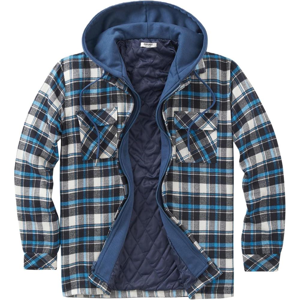 imageCOOFANDY Mens Flannel Shirt Jacket Warm Quilted Lined Hooded Long Sleeve Plaid Shirt JacketsBlue Plaid