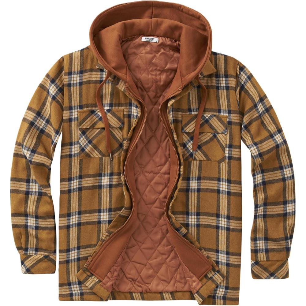 imageCOOFANDY Mens Flannel Shirt Jacket Warm Quilted Lined Hooded Long Sleeve Plaid Shirt JacketsLight Brown Plaid