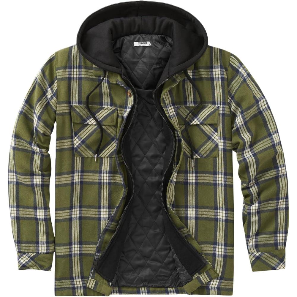imageCOOFANDY Mens Flannel Shirt Jacket Warm Quilted Lined Hooded Long Sleeve Plaid Shirt JacketsNavy  Army Green Plaid