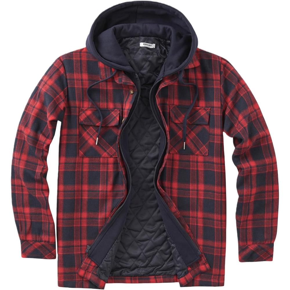 imageCOOFANDY Mens Flannel Shirt Jacket Warm Quilted Lined Hooded Long Sleeve Plaid Shirt JacketsNavy  Red Plaid