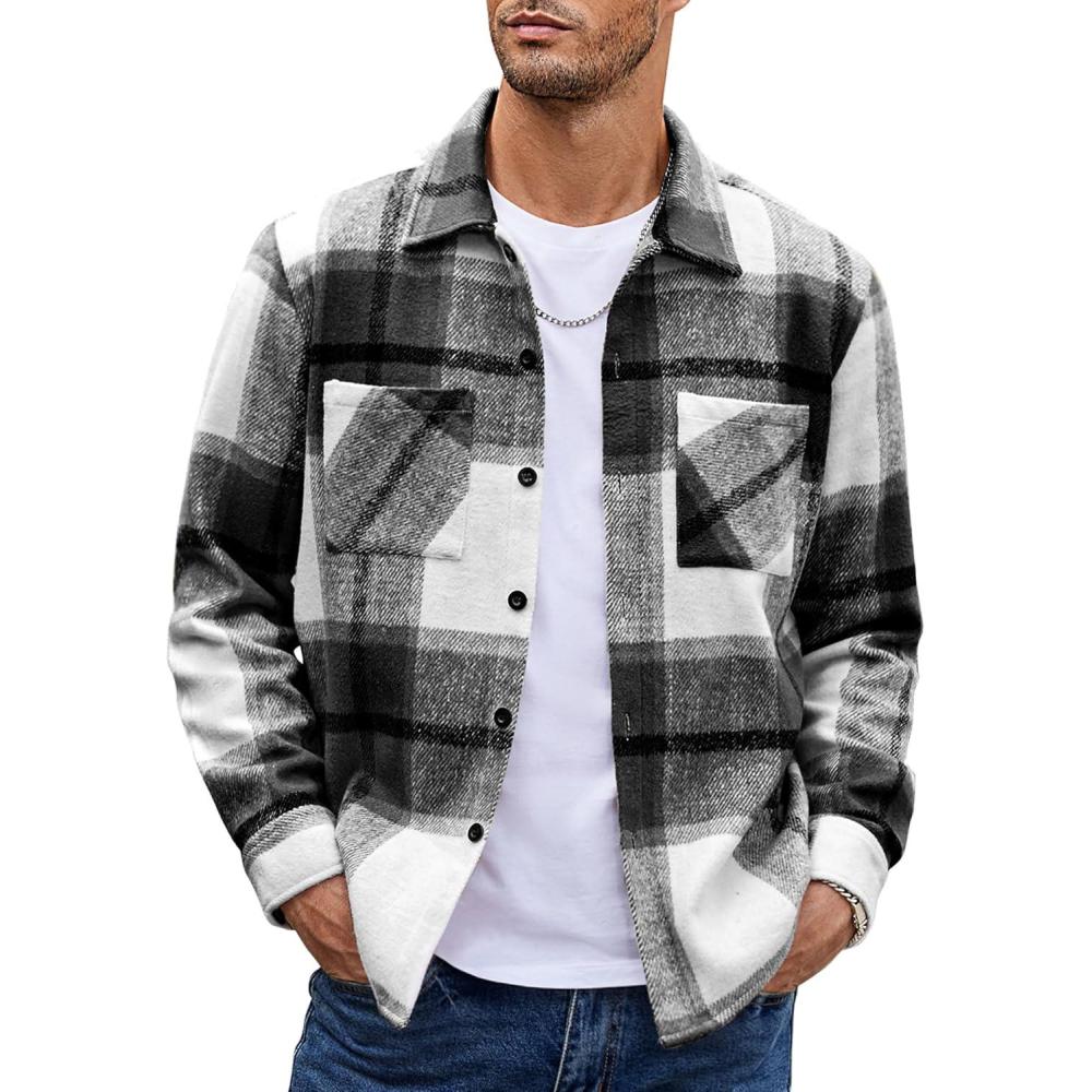imageCOOFANDY Mens Flannel Shirts Casual Button Down Plaid Shirt Jacket Long Sleeve Fleece Shacket with PocketsBlack