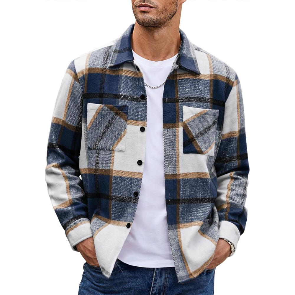 imageCOOFANDY Mens Flannel Shirts Casual Button Down Plaid Shirt Jacket Long Sleeve Fleece Shacket with PocketsBlue