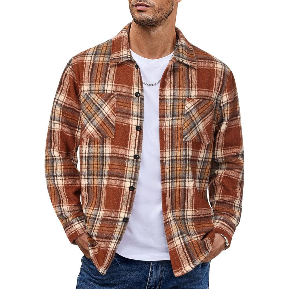 imageCOOFANDY Mens Flannel Shirts Casual Button Down Plaid Shirt Jacket Long Sleeve Fleece Shacket with PocketsBrown
