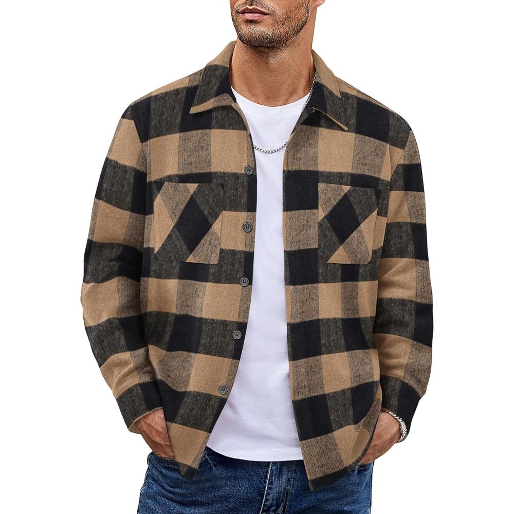 imageCOOFANDY Mens Flannel Shirts Casual Button Down Plaid Shirt Jacket Long Sleeve Fleece Shacket with PocketsBuffalo Brown