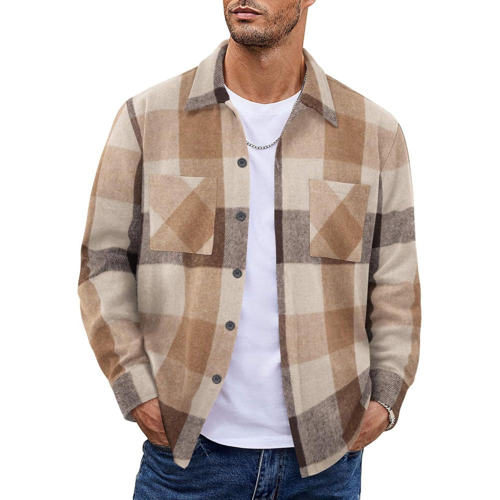 imageCOOFANDY Mens Flannel Shirts Casual Button Down Plaid Shirt Jacket Long Sleeve Fleece Shacket with PocketsBuffalo Khaki