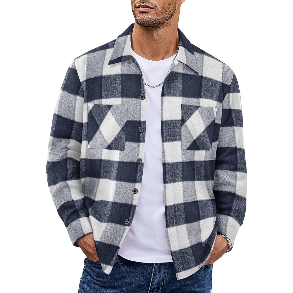 imageCOOFANDY Mens Flannel Shirts Casual Button Down Plaid Shirt Jacket Long Sleeve Fleece Shacket with PocketsBuffalo Navy Blue