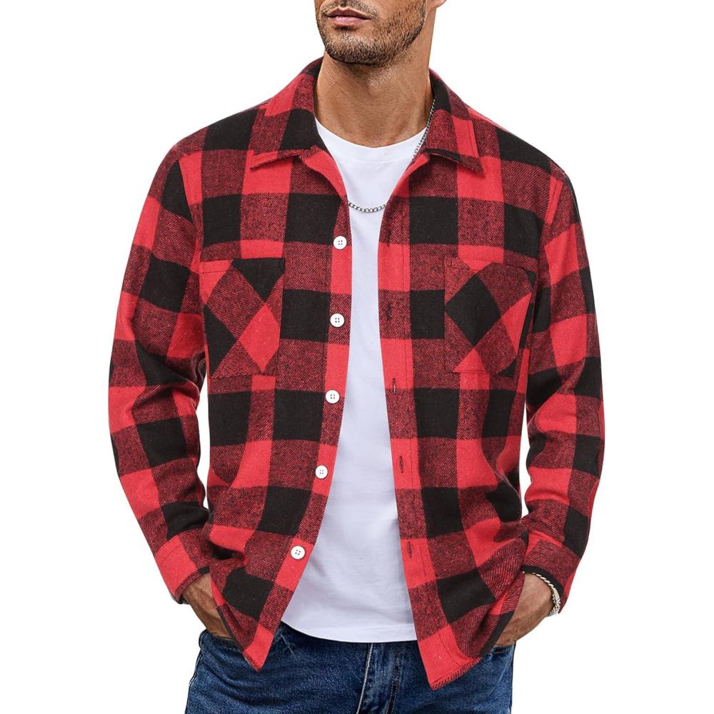 imageCOOFANDY Mens Flannel Shirts Casual Button Down Plaid Shirt Jacket Long Sleeve Fleece Shacket with PocketsBuffalo Red