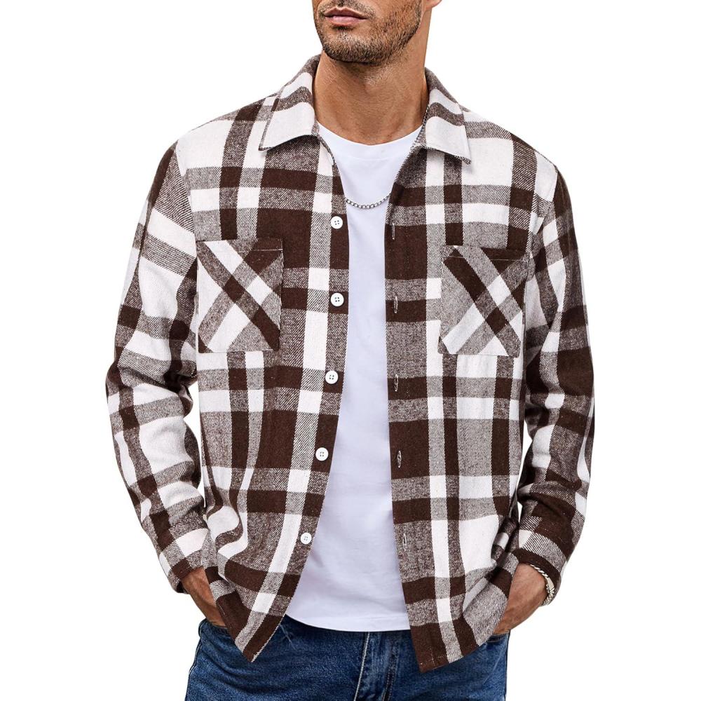imageCOOFANDY Mens Flannel Shirts Casual Button Down Plaid Shirt Jacket Long Sleeve Fleece Shacket with PocketsCoffee
