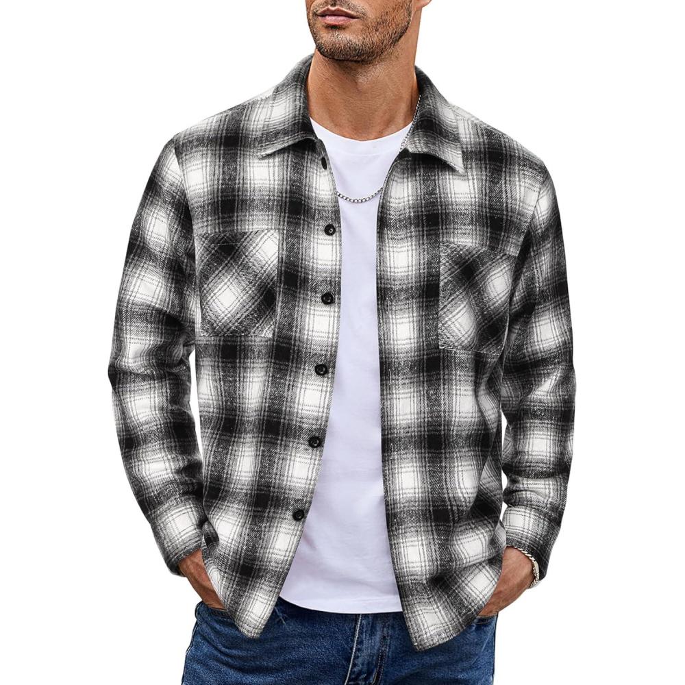imageCOOFANDY Mens Flannel Shirts Casual Button Down Plaid Shirt Jacket Long Sleeve Fleece Shacket with PocketsGraphite Black