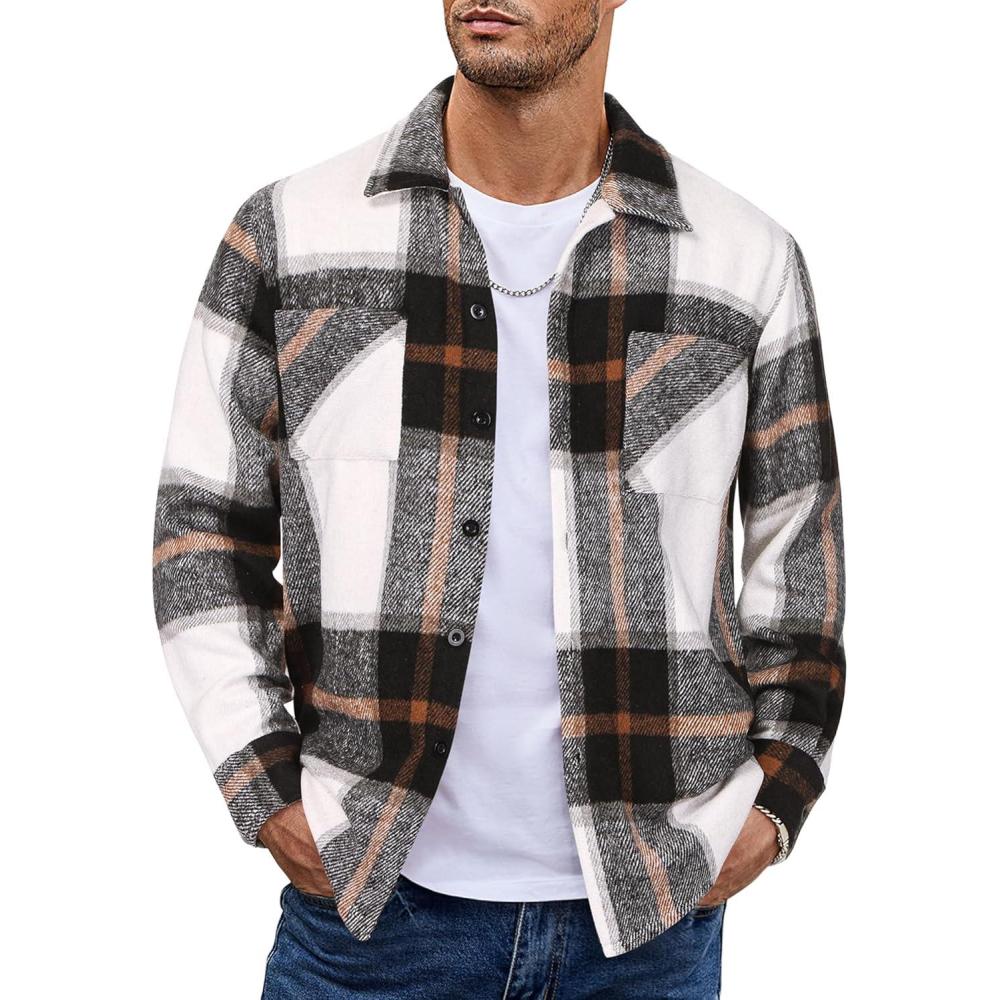 imageCOOFANDY Mens Flannel Shirts Casual Button Down Plaid Shirt Jacket Long Sleeve Fleece Shacket with PocketsGray