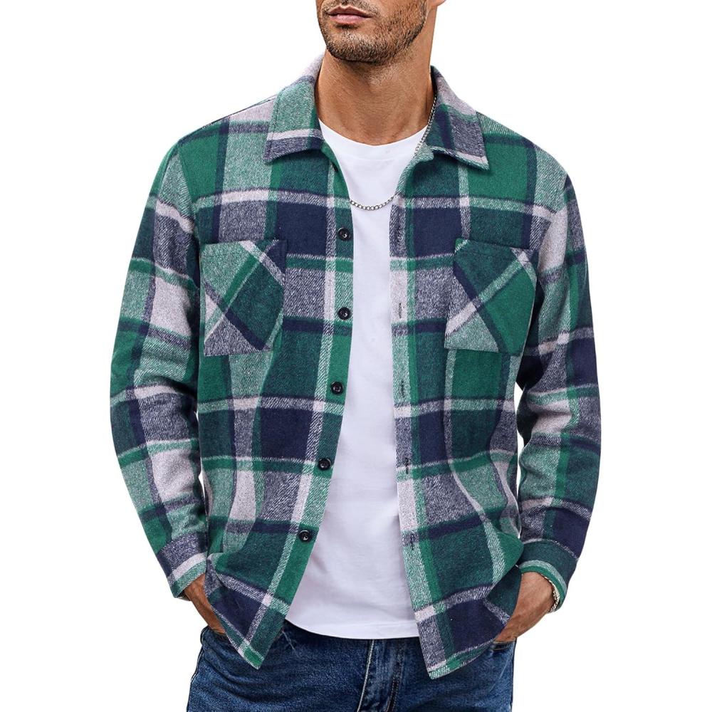 imageCOOFANDY Mens Flannel Shirts Casual Button Down Plaid Shirt Jacket Long Sleeve Fleece Shacket with PocketsGray Green