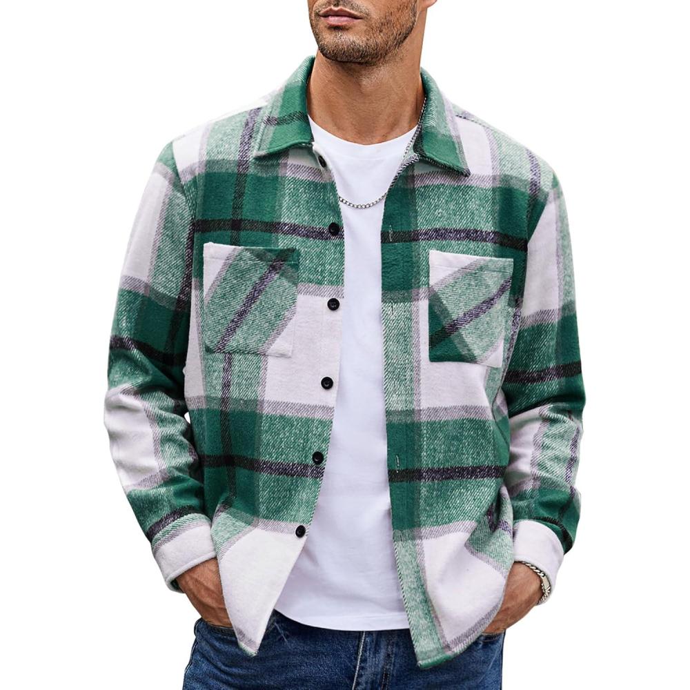 imageCOOFANDY Mens Flannel Shirts Casual Button Down Plaid Shirt Jacket Long Sleeve Fleece Shacket with PocketsGreen