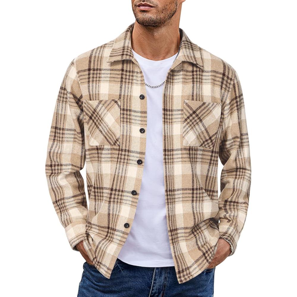 imageCOOFANDY Mens Flannel Shirts Casual Button Down Plaid Shirt Jacket Long Sleeve Fleece Shacket with PocketsKhaki