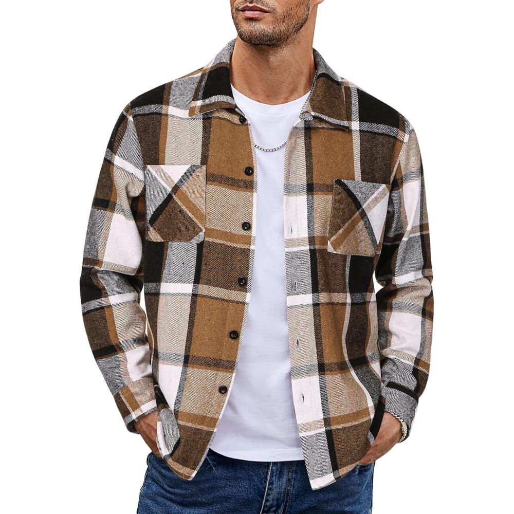 imageCOOFANDY Mens Flannel Shirts Casual Button Down Plaid Shirt Jacket Long Sleeve Fleece Shacket with PocketsKhaki Gray