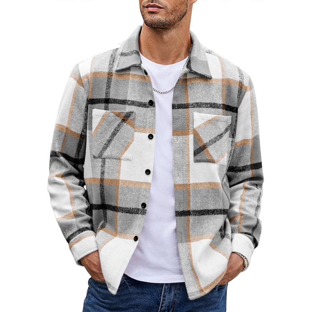 imageCOOFANDY Mens Flannel Shirts Casual Button Down Plaid Shirt Jacket Long Sleeve Fleece Shacket with PocketsLight Gray