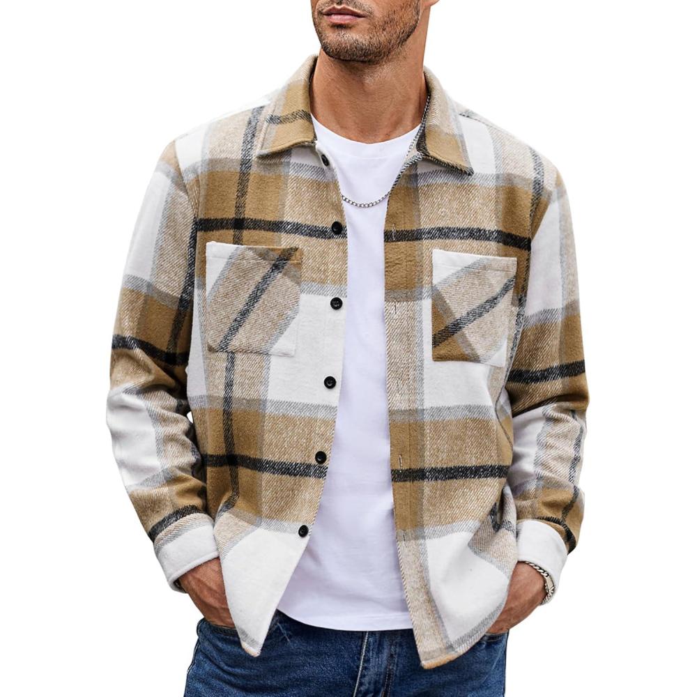 imageCOOFANDY Mens Flannel Shirts Casual Button Down Plaid Shirt Jacket Long Sleeve Fleece Shacket with PocketsLight Khaki