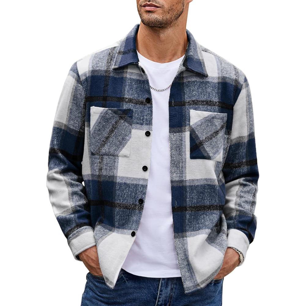 imageCOOFANDY Mens Flannel Shirts Casual Button Down Plaid Shirt Jacket Long Sleeve Fleece Shacket with PocketsNavy Blue